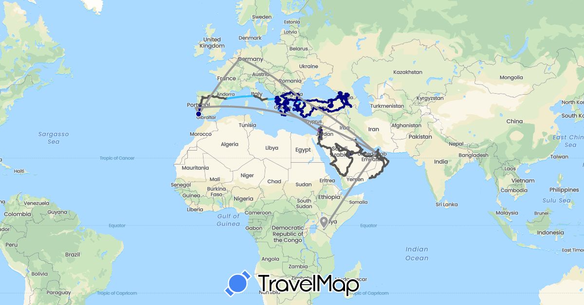 TravelMap itinerary: driving, bus, plane, train, boat, motorbike in United Arab Emirates, Albania, Armenia, Bulgaria, Bahrain, Germany, Spain, Georgia, Greece, Israel, Italy, Jordan, Kenya, Kuwait, Macedonia, Oman, Portugal, Qatar, Saudi Arabia, Turkey (Africa, Asia, Europe)