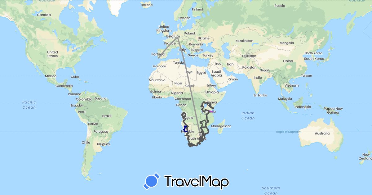 TravelMap itinerary: driving, plane, train, boat, motorbike in Angola, Germany, Kenya, Lesotho, Malawi, Mozambique, Namibia, Portugal, Rwanda, Swaziland, Tanzania, Uganda, South Africa, Zambia, Zimbabwe (Africa, Europe)